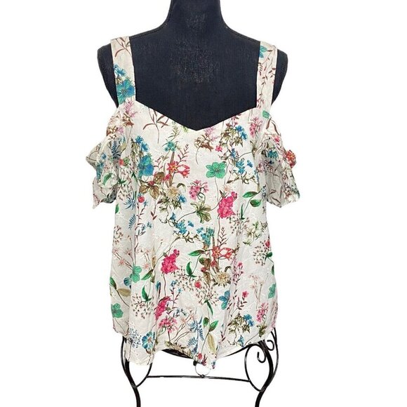 SANCTUARY Cold Shoulder Top Floral Eyelet Spring Summer Multicolor XL 42-11 - Picture 3 of 12